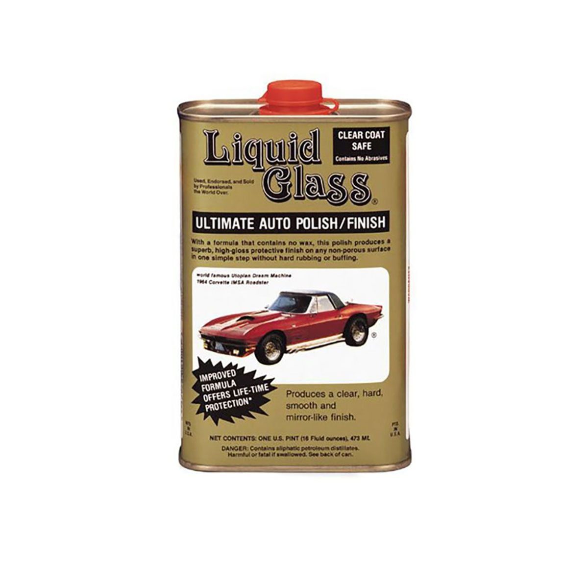 A cylindrical can labeled "Liquid Glass Ultimate Auto Polish" contains a polishing solution, promoting a high-gloss finish for vehicles in a