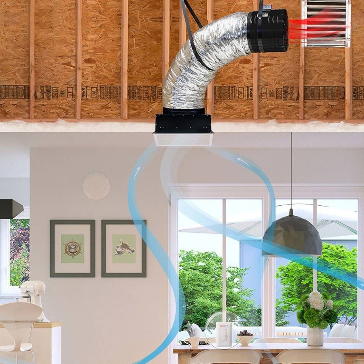 A curved duct releases air into a bright room, surrounded by a clock, framed art, and greenery visible through large windows.