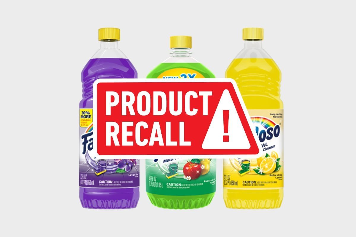 Three bottles of cleaning products are displayed, with a "PRODUCT RECALL" warning prominently overlaying them, indicating a safety concern i