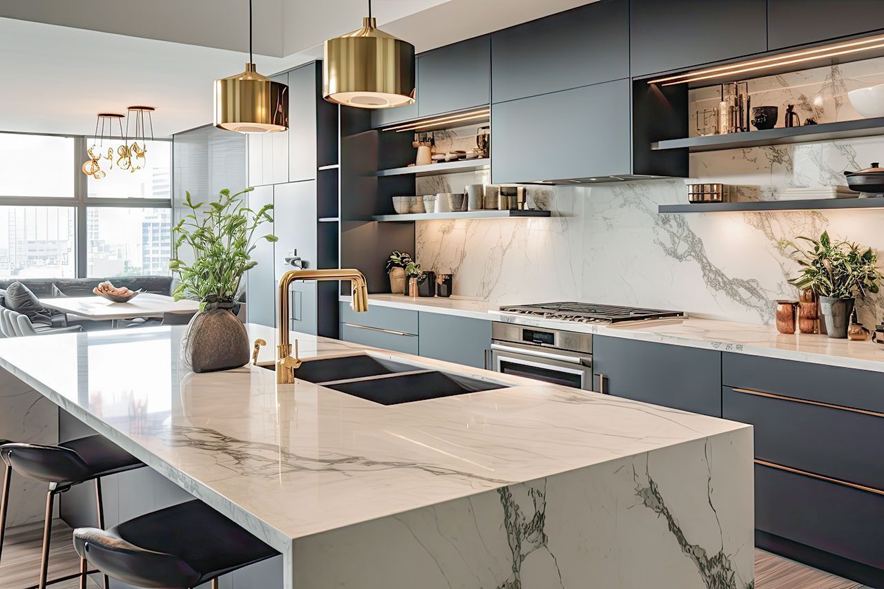 A contemporary, chic kitchen featuring stylish black and white cabinets, golden fixtures, and marble tiles.