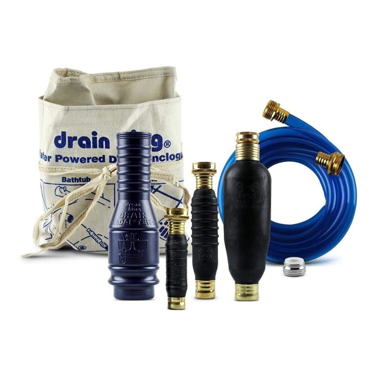 A drainage kit includes various adapters and a blue hose, all stored in a canvas bag, designed for unclogging bathtubs.