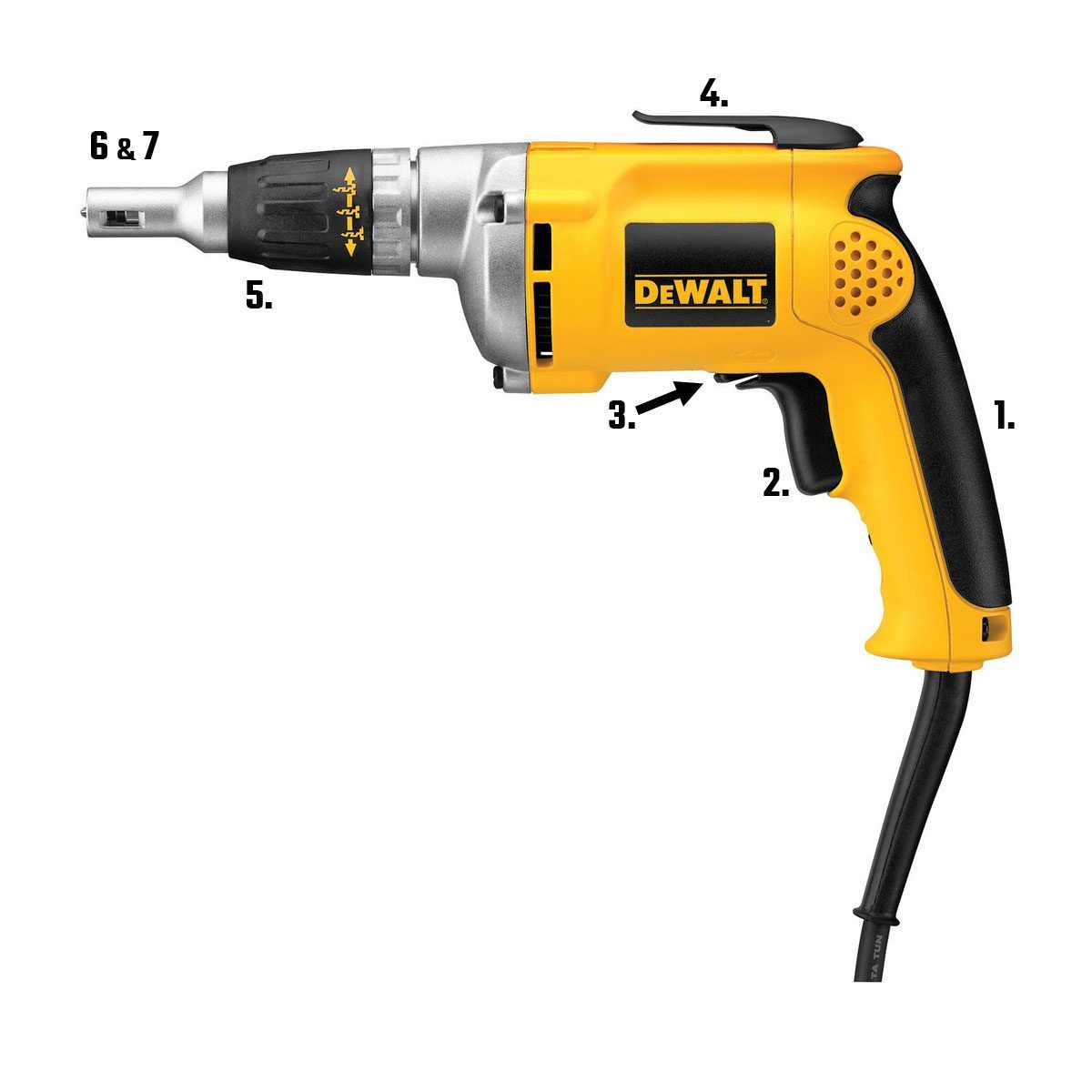 A yellow and black electric screwdriver is displayed, with labels on various parts, set against a plain white background, showcasing its design for ease of use.