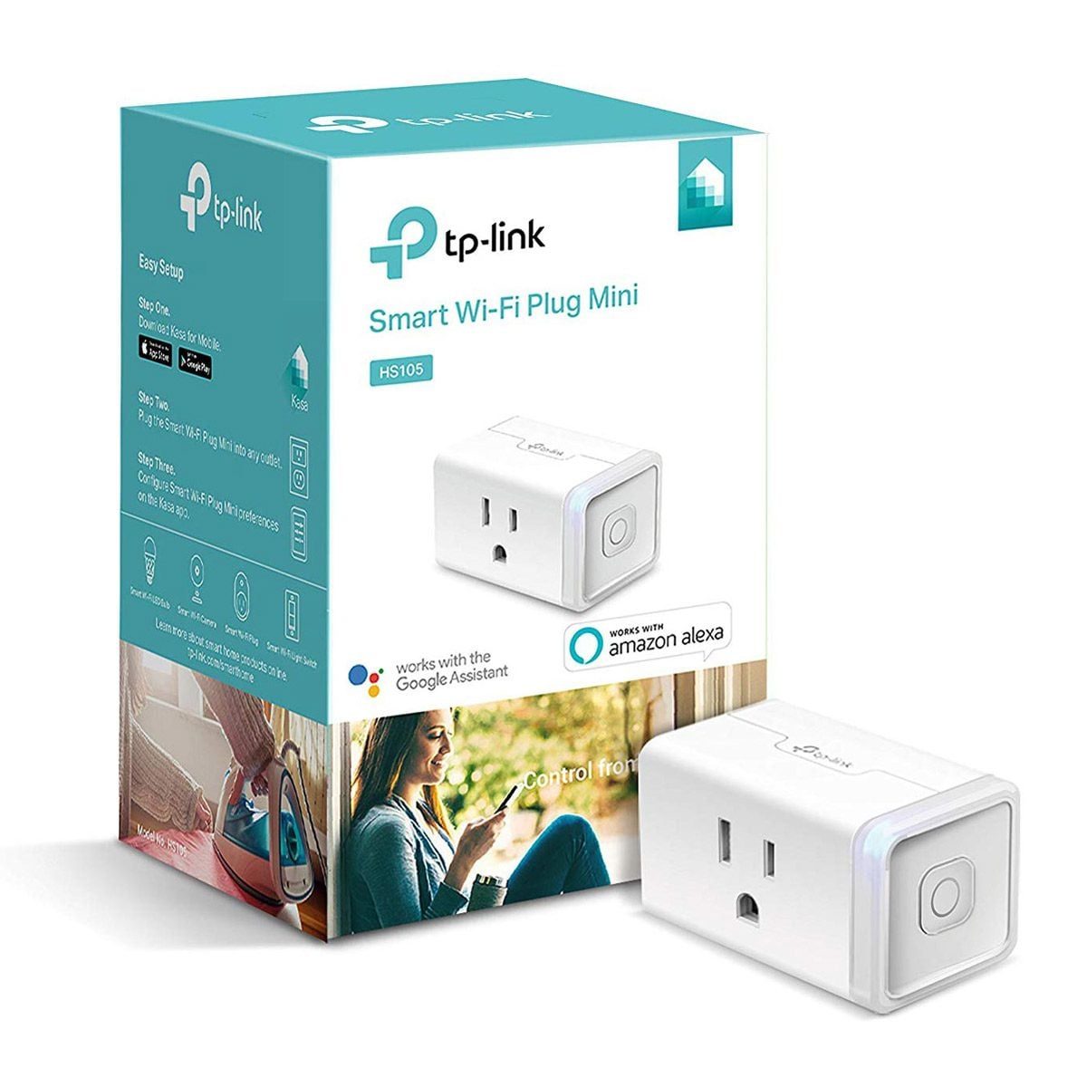 A smart Wi-Fi plug is displayed next to its packaging, showcasing features and compatibility with Google Assistant and Amazon Alexa in a mod