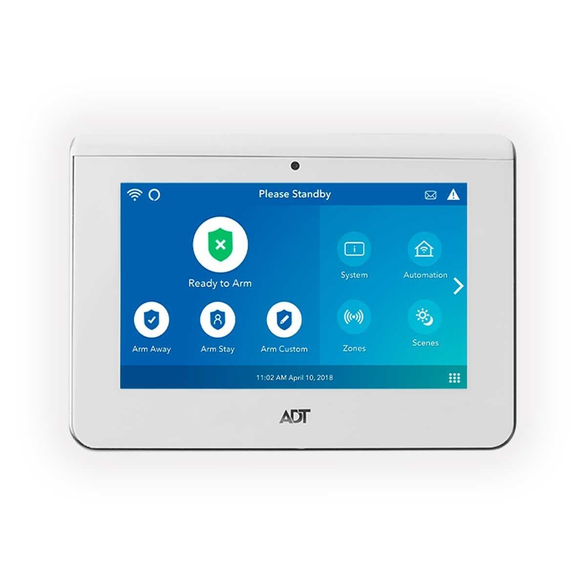 A white touchscreen security panel displays options for home automation and security settings, indicating "Ready to Arm" with a prompt to "P