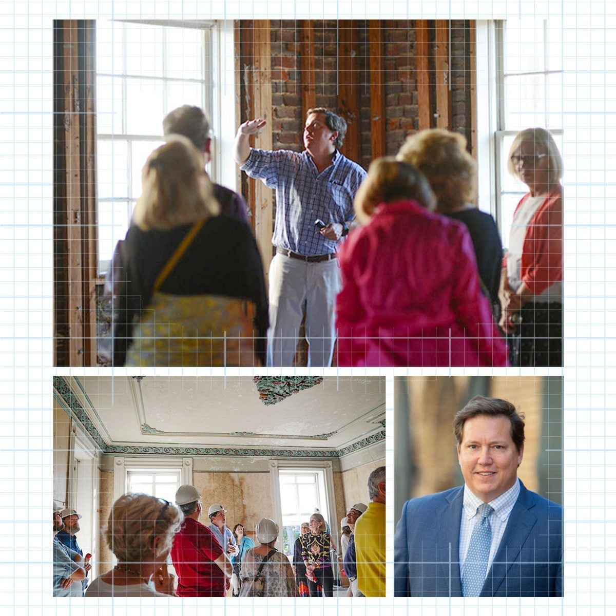 A speaker gestures while addressing a group in a partially renovated room, featuring exposed brick and windows, during a building tour.
