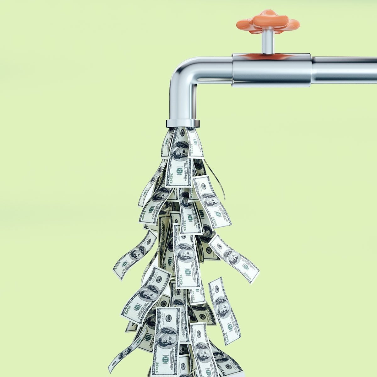 Water tap dripping dollar bills on gray background