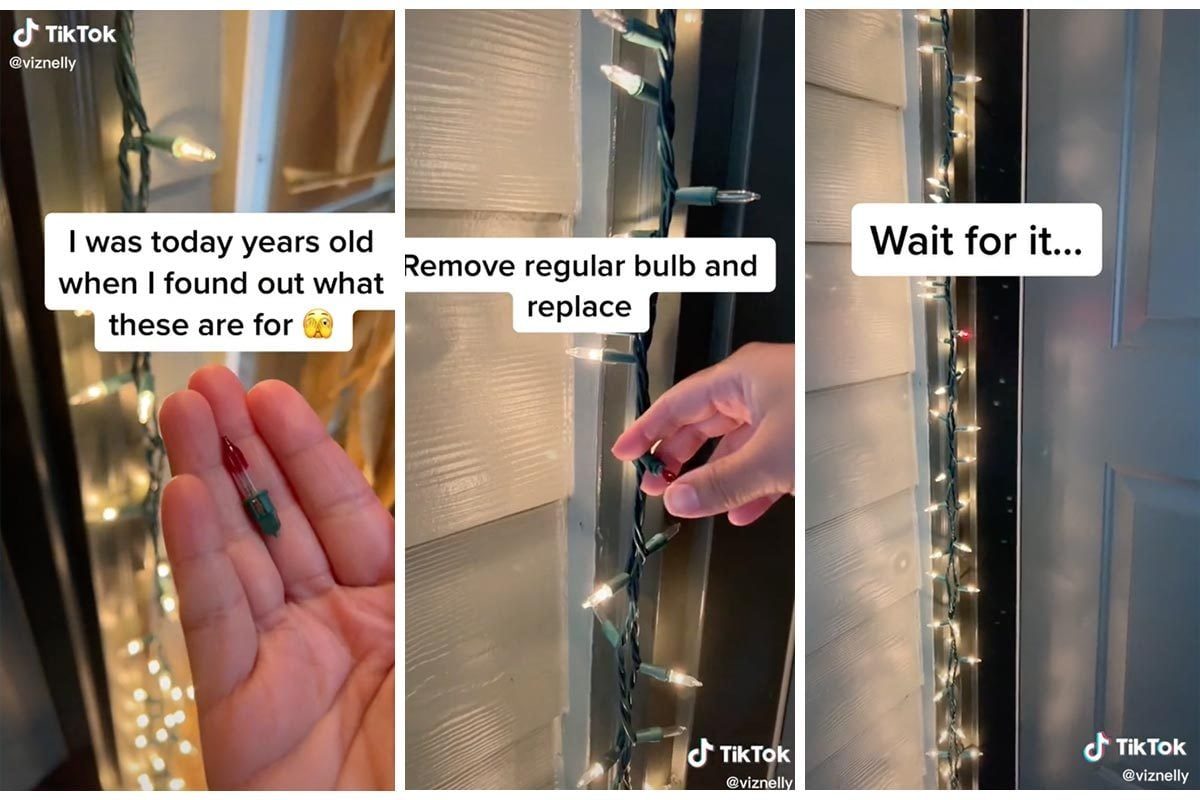 A hand holds a small bulb, replaces it on string lights, expecting a change. Background features a lit door frame with more glowing lights.