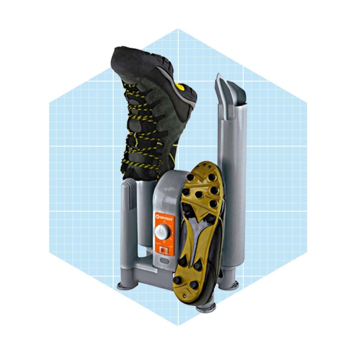 A climbing shoe rests on a shoe dryer, drying while a boot is positioned above it. The background features a light blue grid pattern.