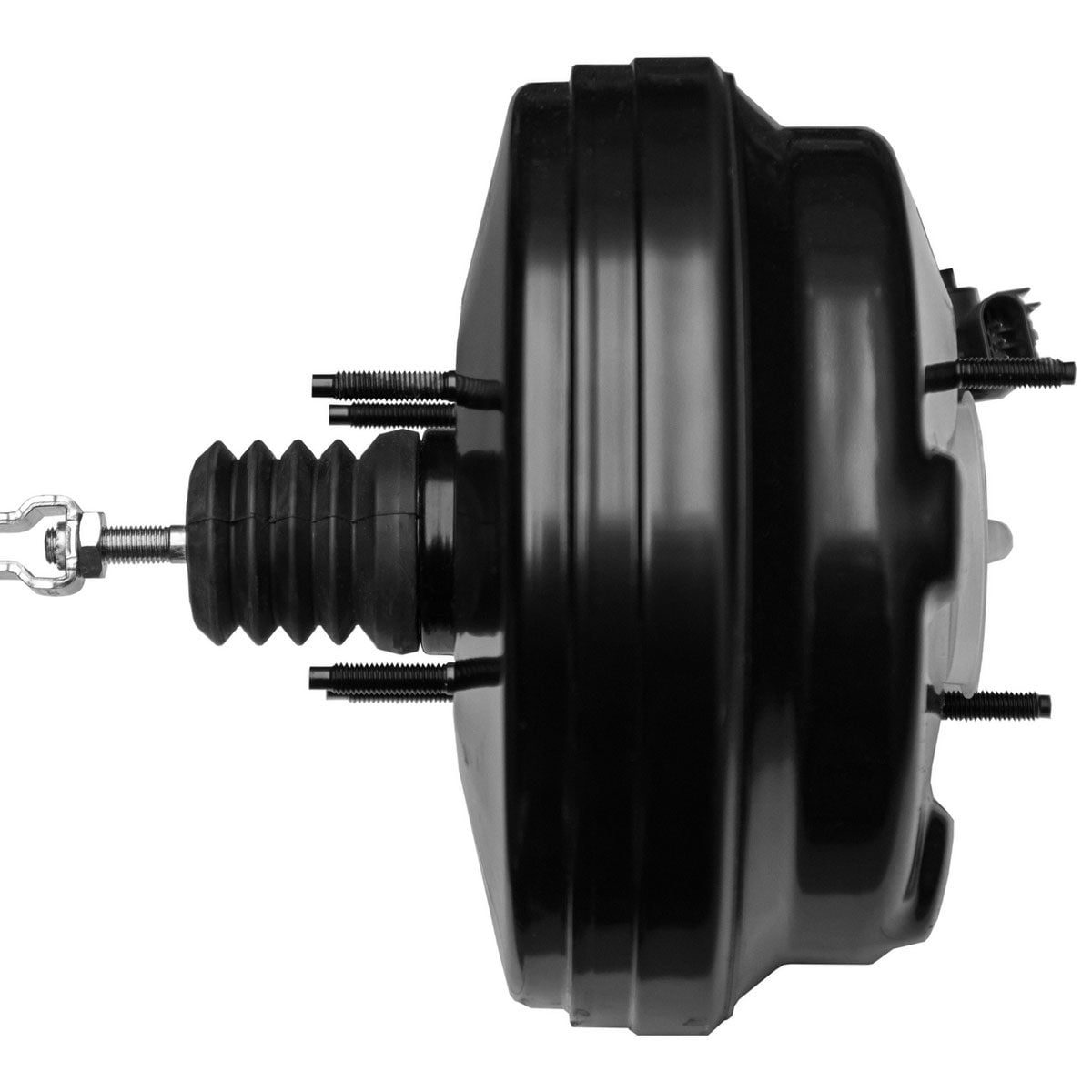 A round, black mechanical component hangs, with a rubber boot attached, featuring metal bolts and a cable for connection, likely intended fo