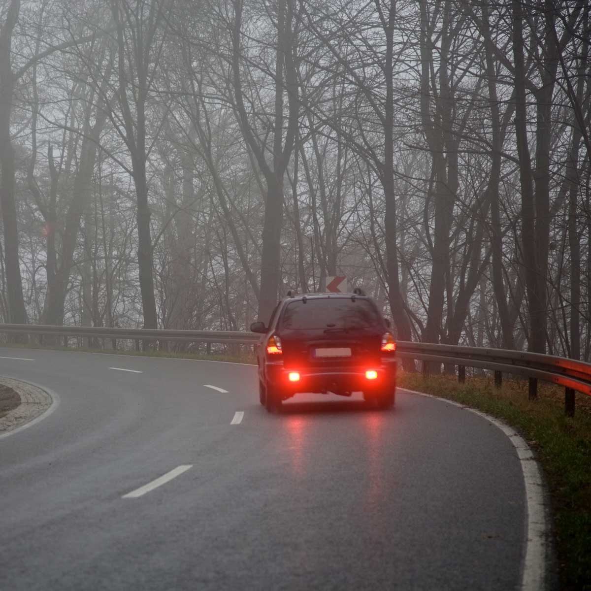 A black car is navigating a curved, wet road while emitting red brake lights in a foggy, tree-lined environment.