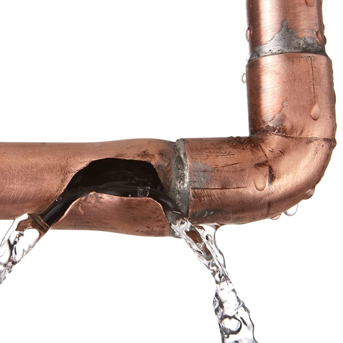 A copper pipe with a visible crack leaks water, creating a stream. The dripping water contrasts with the shiny surface of the copper materia