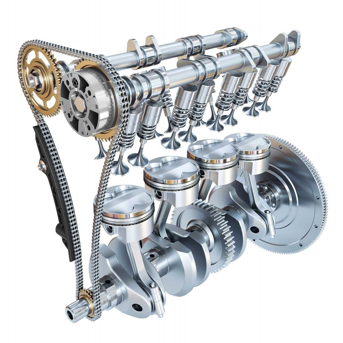 A detailed engine assembly features pistons and valves in motion, connected by a chain, illustrating the inner workings of a mechanical engi