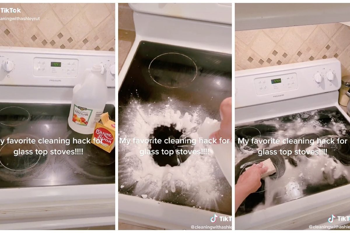 A person pours vinegar onto a glass stove top, adding baking soda, and scrubs with a sponge, demonstrating a cleaning hack in a kitchen sett