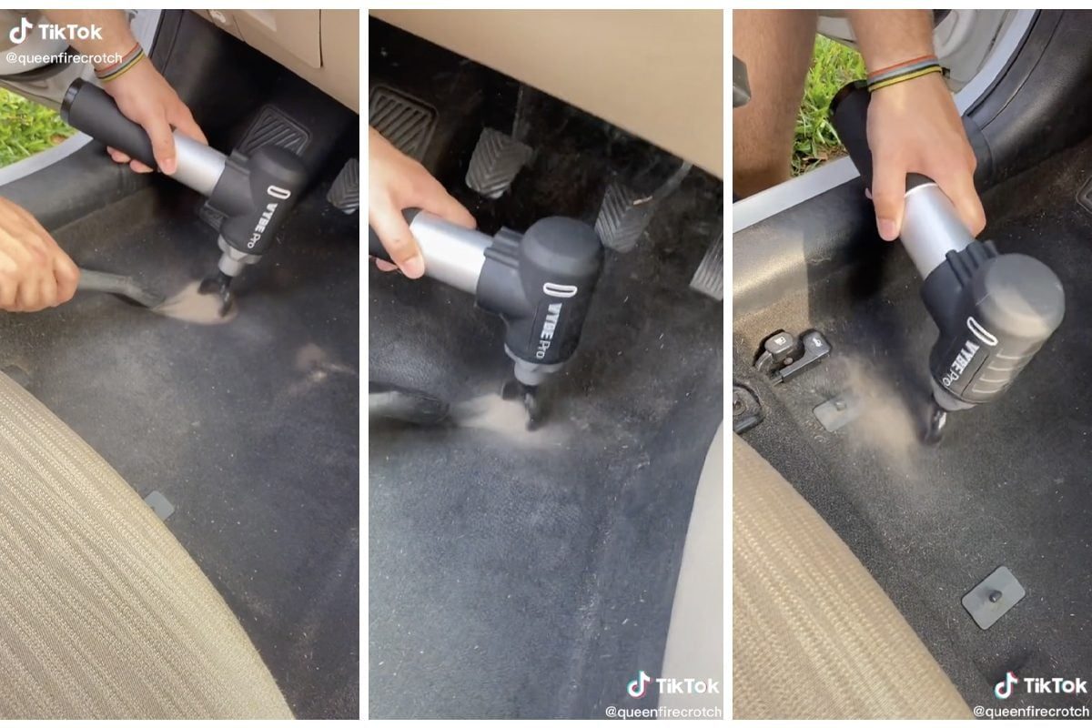 A handheld vacuum cleaner removes dust from a car's floor, with a person holding it in different positions, showcasing cleaning in a vehicle