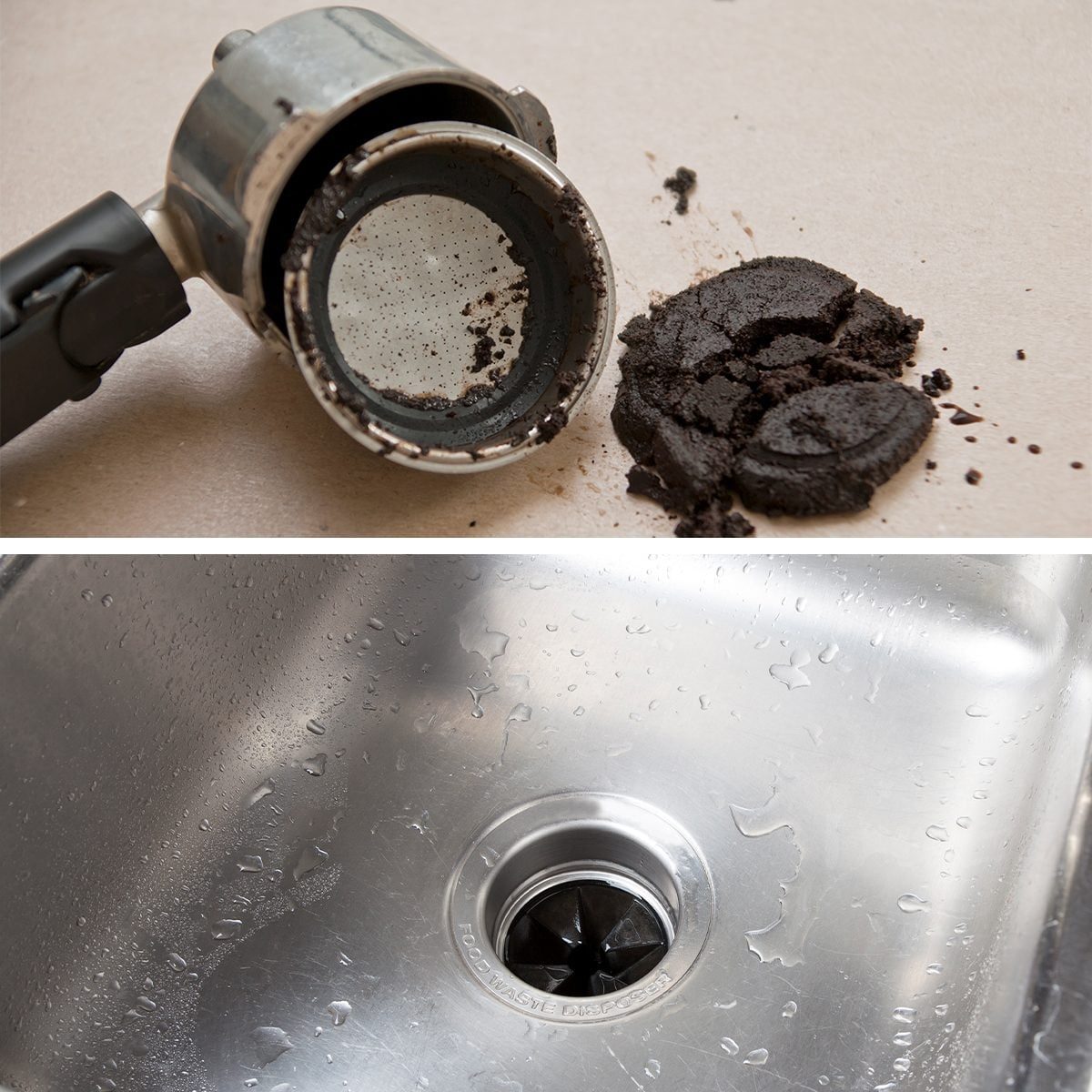 A used coffee portafilter with spent coffee grounds forming a clump next to it. A clean stainless steel kitchen sink with a garbage disposal