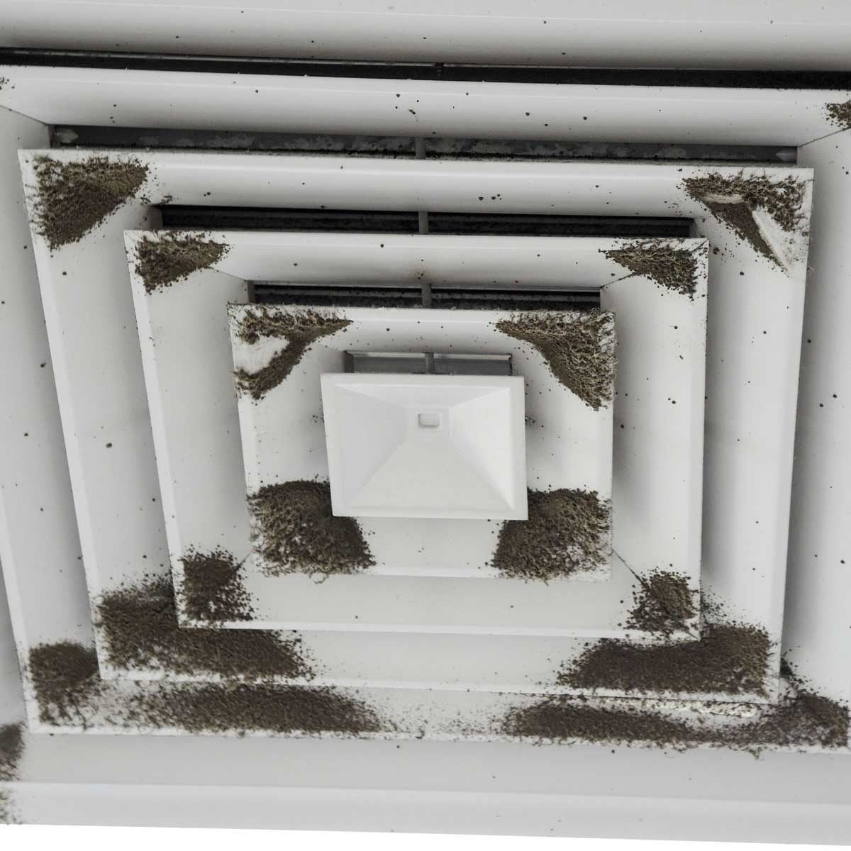A ceiling vent covered in dark dust particles sits in the center of patterned white panels, indicating a need for cleaning in a possibly neg