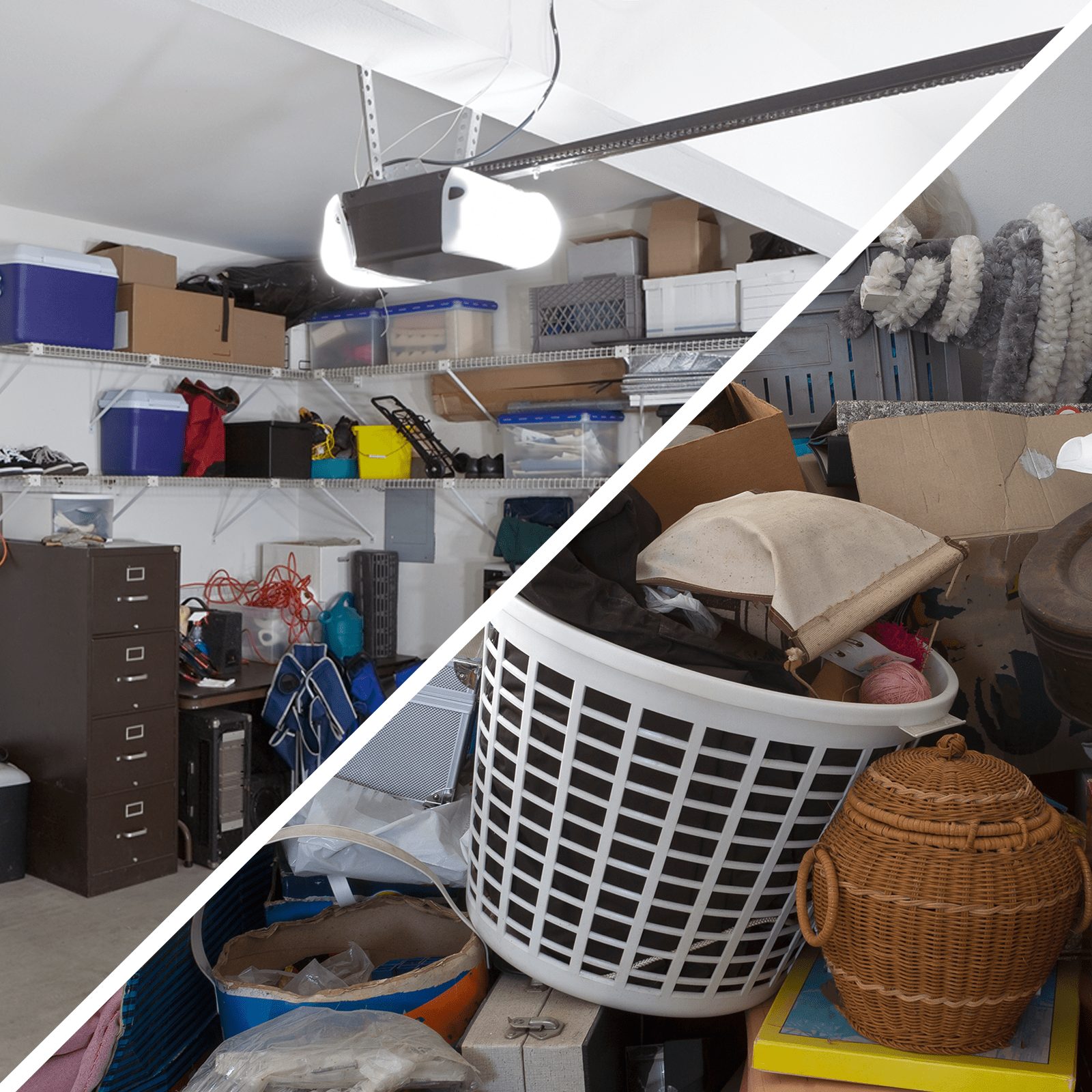 A cluttered garage features organized shelves with boxes on one side and piles of assorted items, including a laundry basket and wicker cont