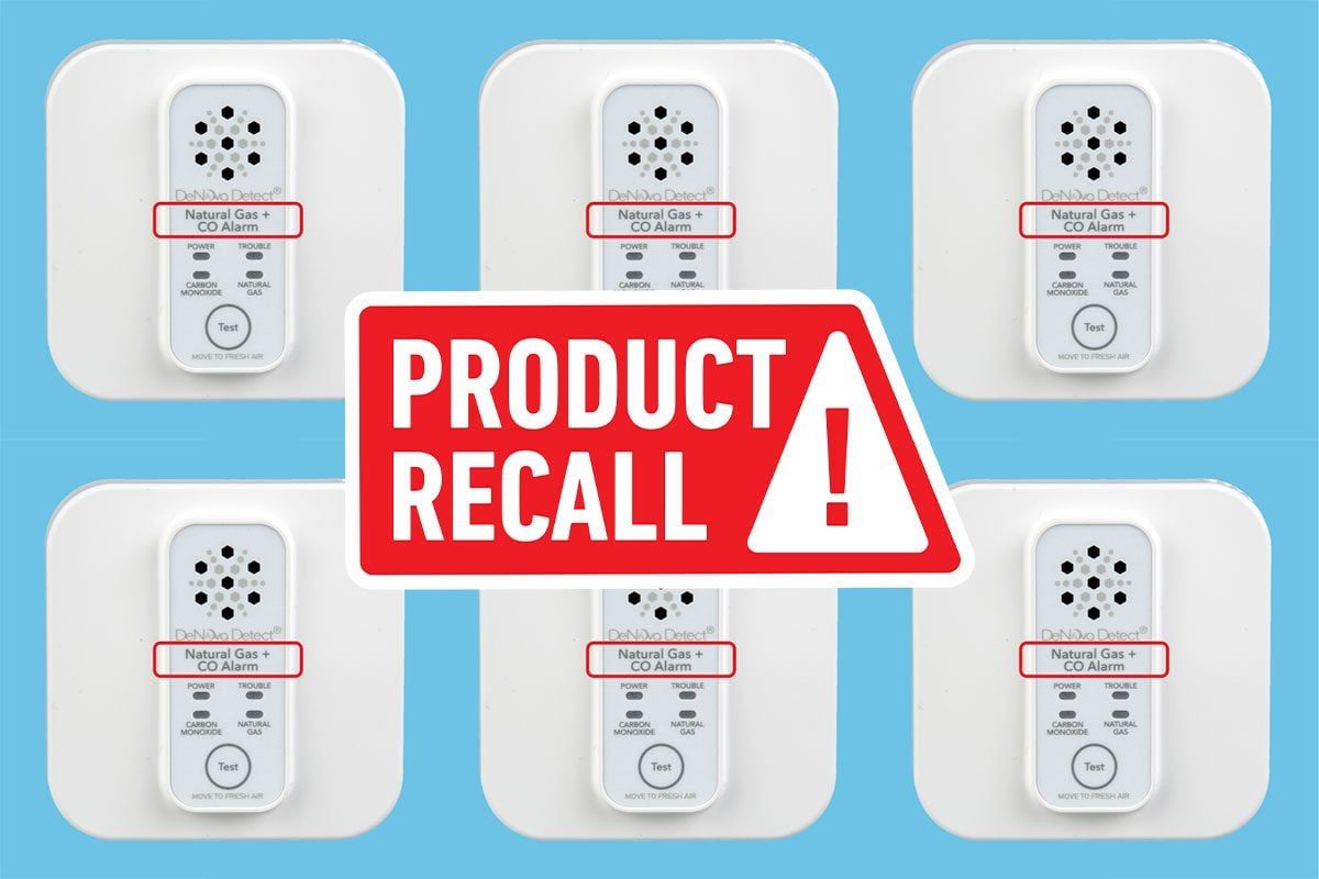 Cosmos Combination Natural Gas And Carbon Monoxide Alarms on blue background with "product recall" overlay
