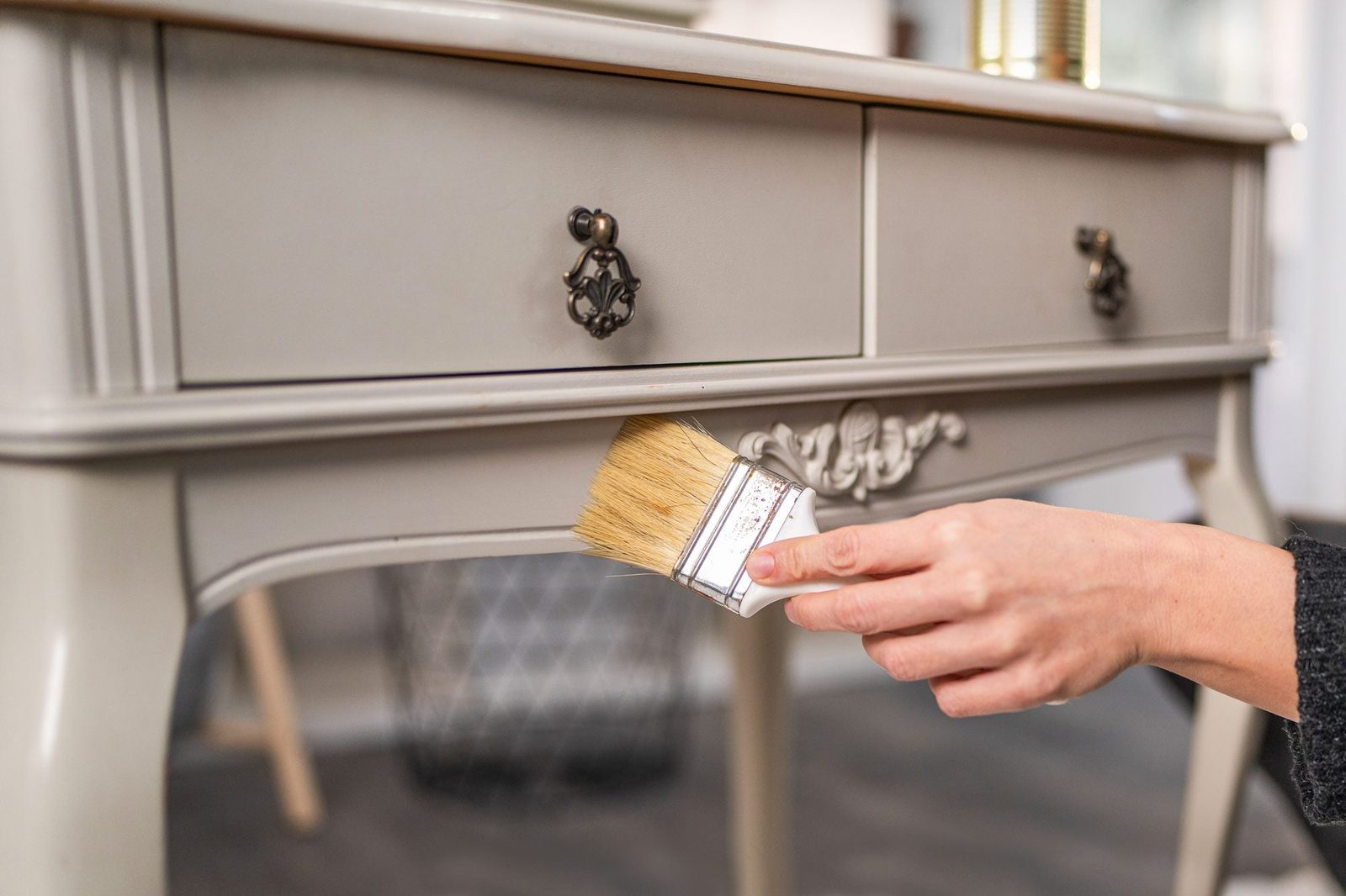 Crafty Woman Painting Vintage Dressing Table At Home