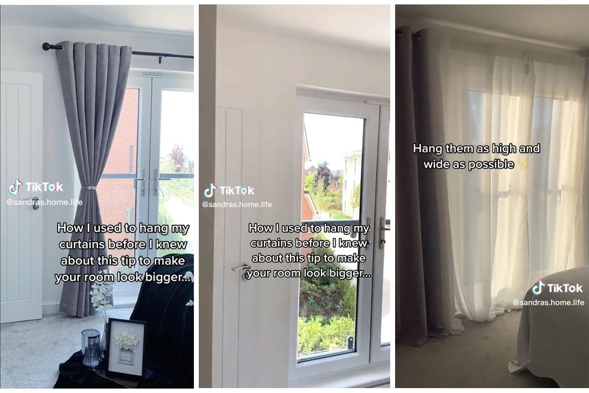 Curtains hang at different heights and widths across three windows, illustrating an interior design tip for making a room appear larger.