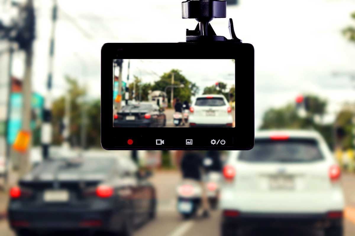 A dashcam records traffic.