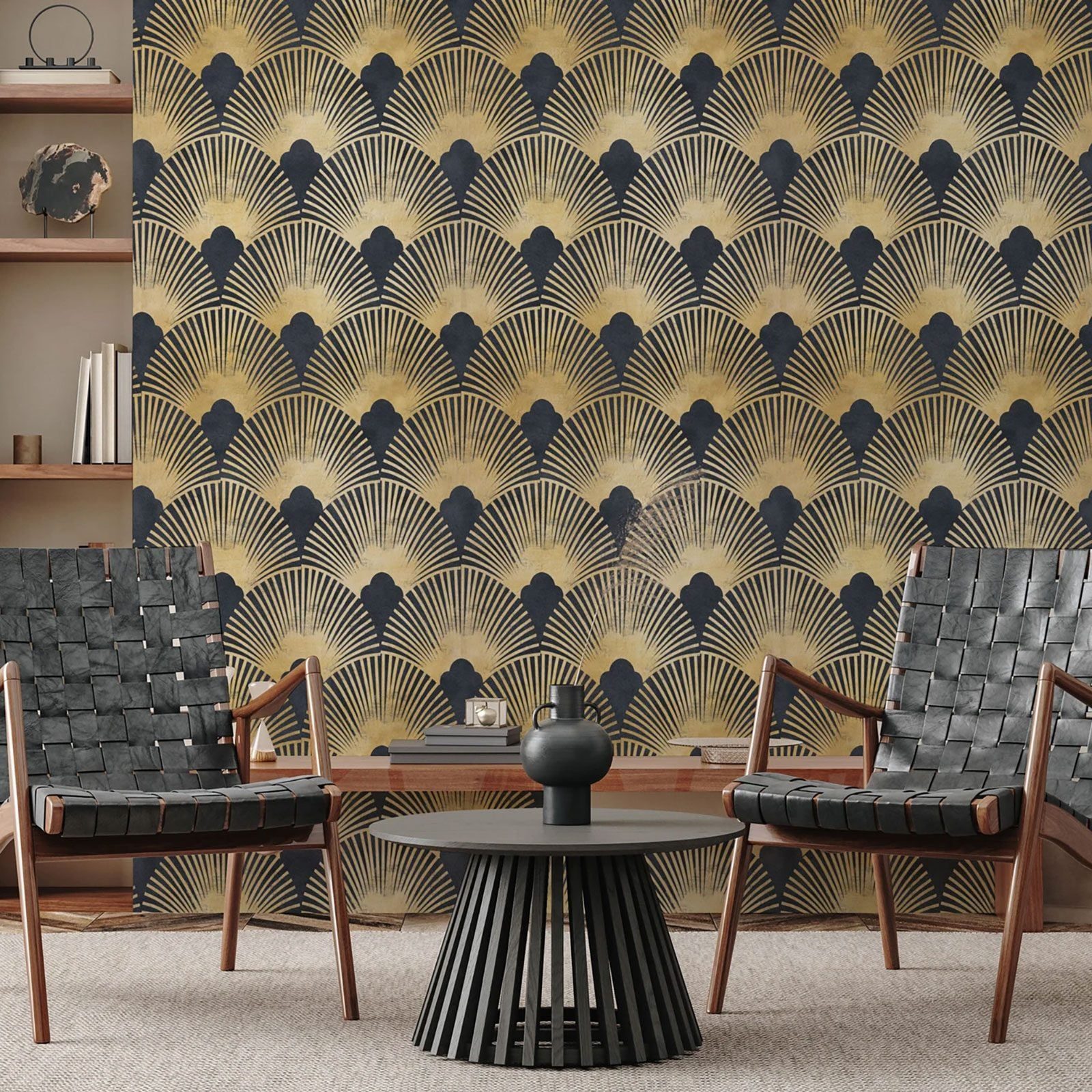 Two woven chairs face a slatted black table, adorned by a dark vase, against a gold and black patterned wallpaper backdrop in a cozy room.