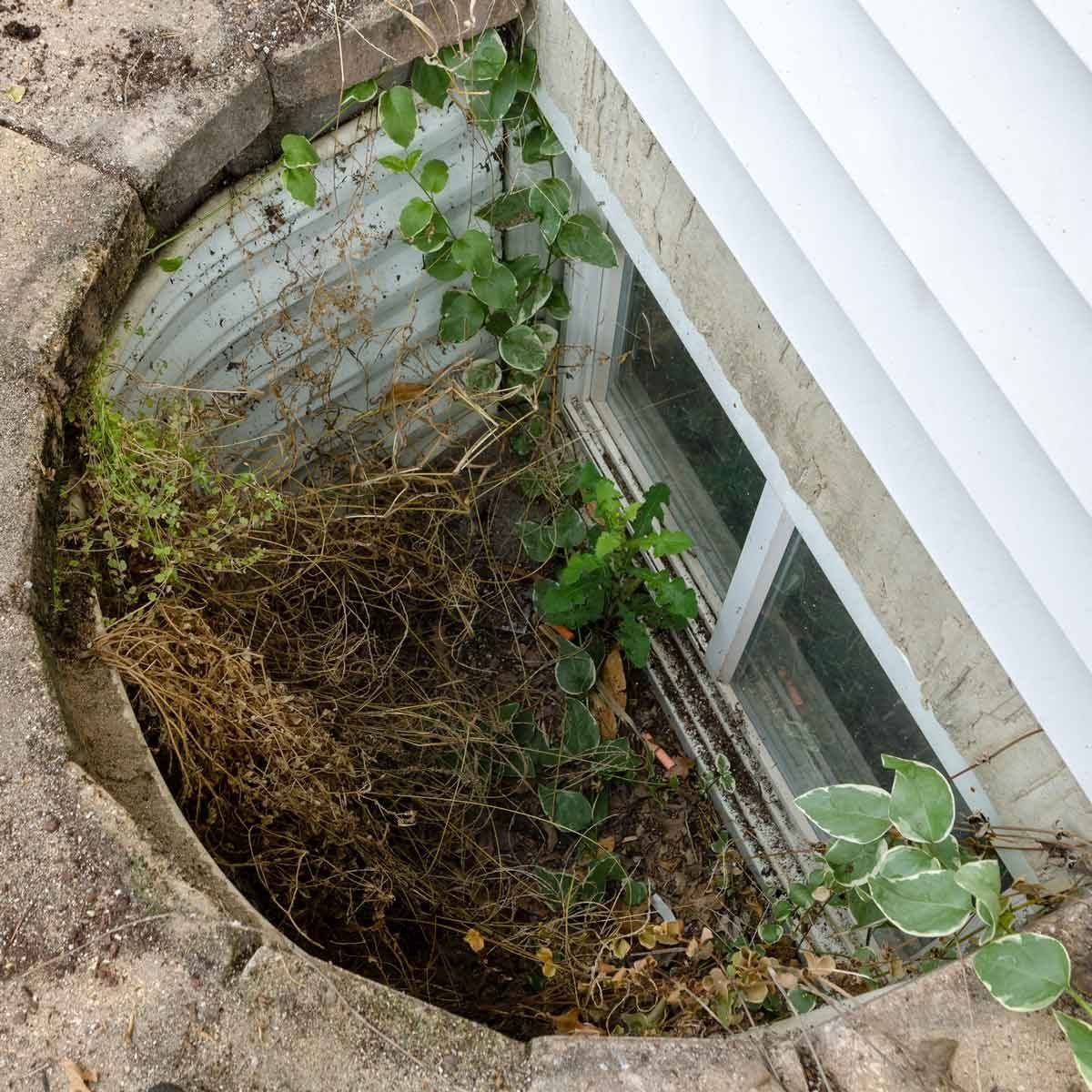 A sunken window well is filled with overgrown plants and dried weeds, surrounded by stone edging attached to a white house.