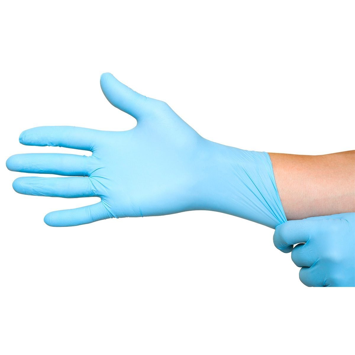 A gloved hand is pulling on a blue disposable glove, preparing for a task, set against a plain white background.