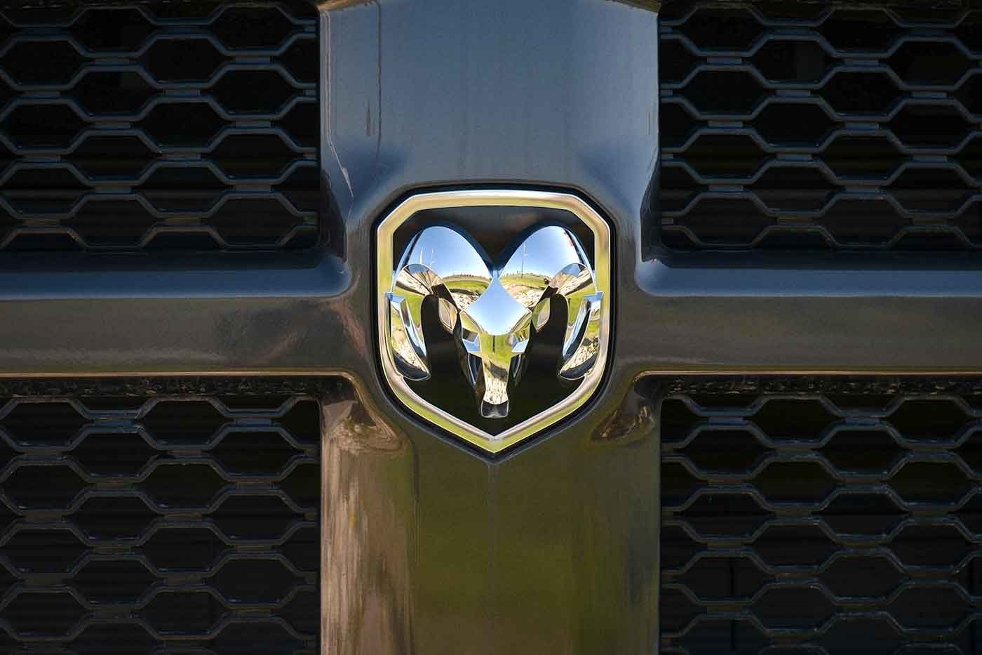RAM logo seen on a parked RAM truck outside a Chrystler, Jeep, Dodge and RAM dealership in South Edmonton
