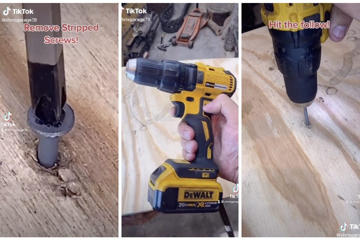A hand holds a Dewalt drill, driving a screw into a wooden surface while a tool removes a stripped screw from the wood.