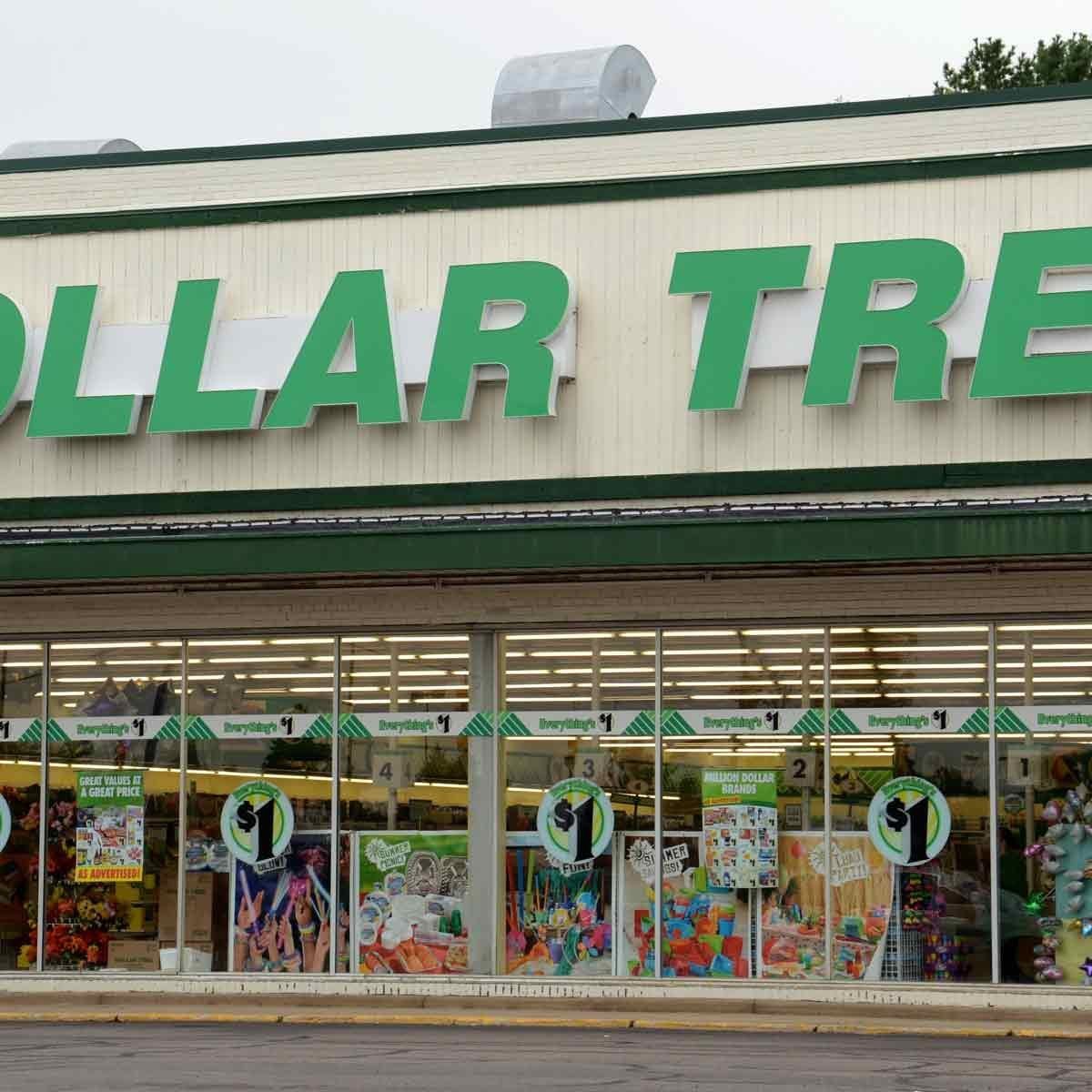 A green and white "Dollar Tree" storefront displays various promotional signs and products in large windows, inviting customers to browse af