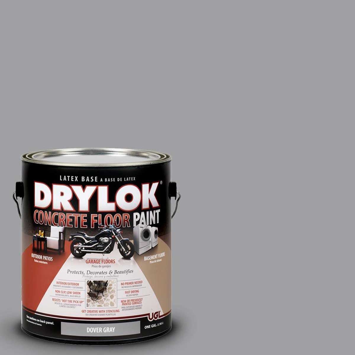 A can of Drylok concrete floor paint displays its features and uses, set against a plain gray background, indicating various application are