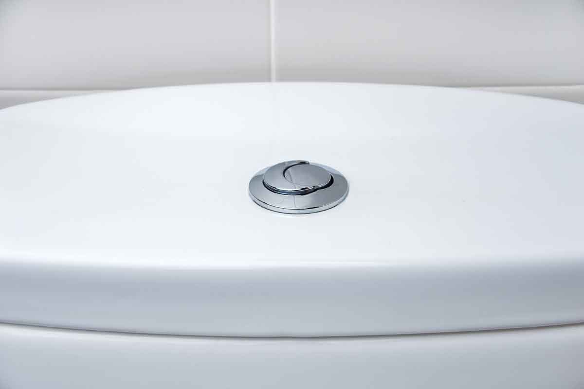 A white toilet lid features a chrome flush button on top, situated against a neutral tiled background, suggesting a clean bathroom setting.