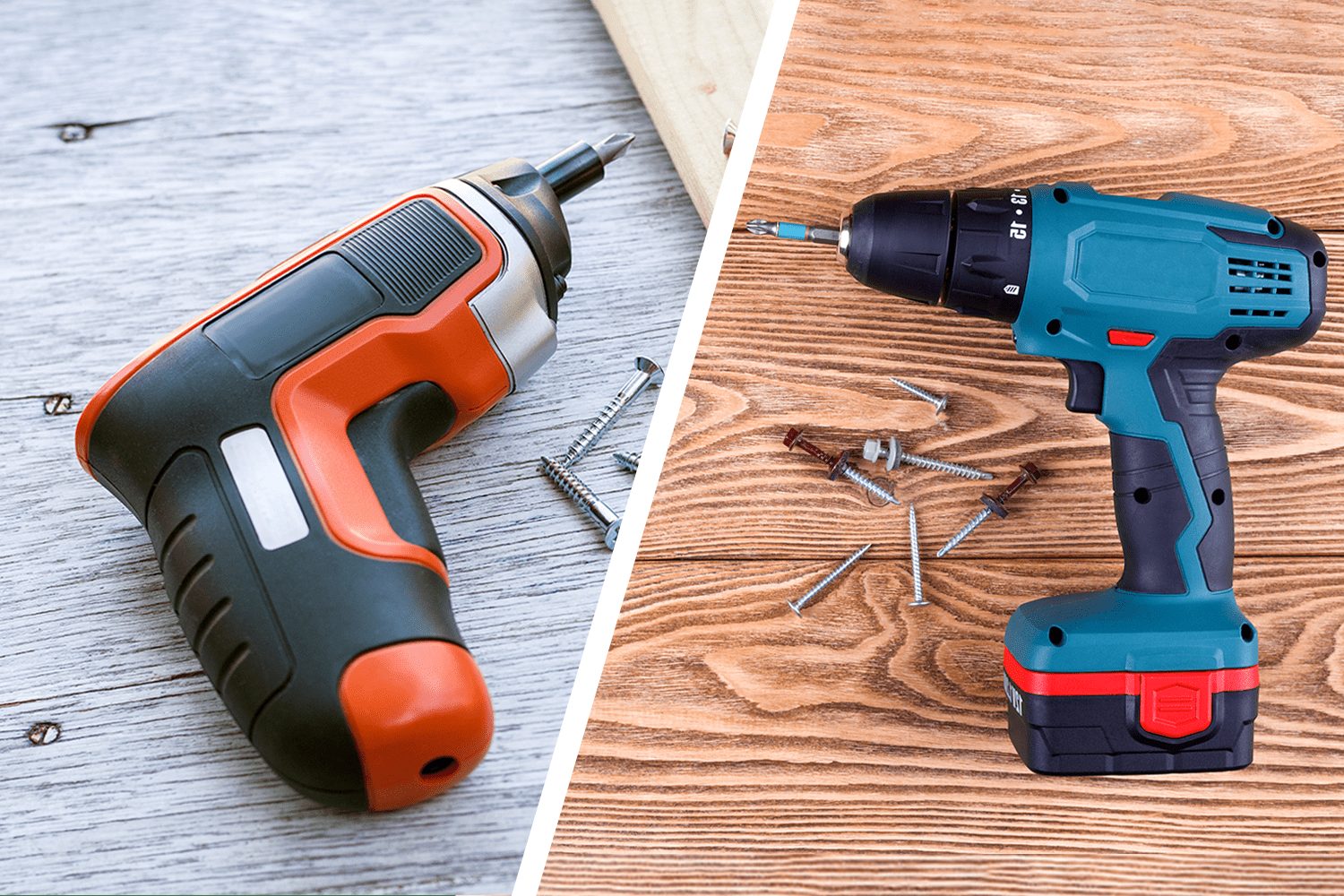 Two cordless drills are displayed side by side on different wooden surfaces, surrounded by various screws scattered around, indicating a con
