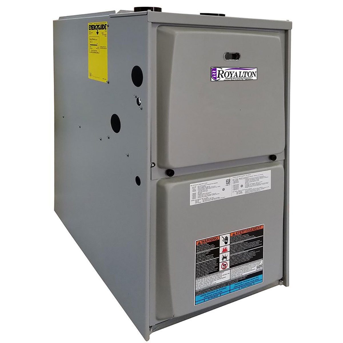 A gray industrial furnace stands upright, showcasing its exterior casing, indicating functionality for heating within a building or facility