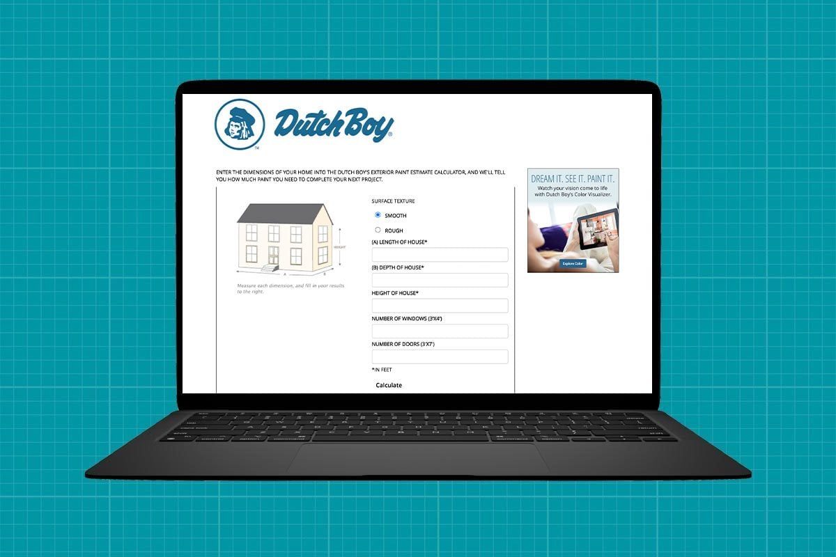 A laptop displays a paint estimate calculator, prompting users to enter home dimensions, alongside an advertisement for a color visualizer o