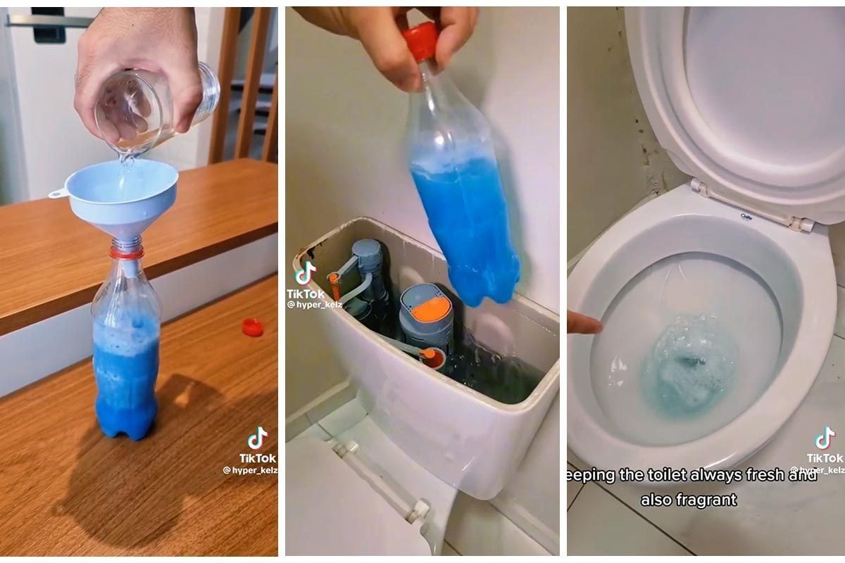 A person pours blue liquid into a funnel attached to a bottle, preparing it to be placed in a toilet tank for freshness.