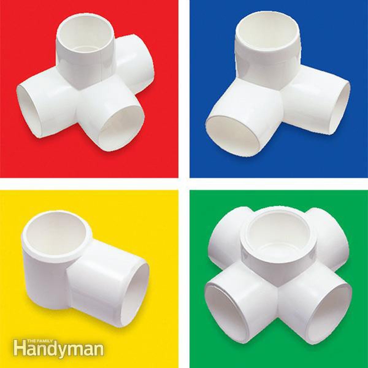 Four white PVC pipe fittings are arranged in a grid, each set against a different colored background: red, blue, yellow, and green.
