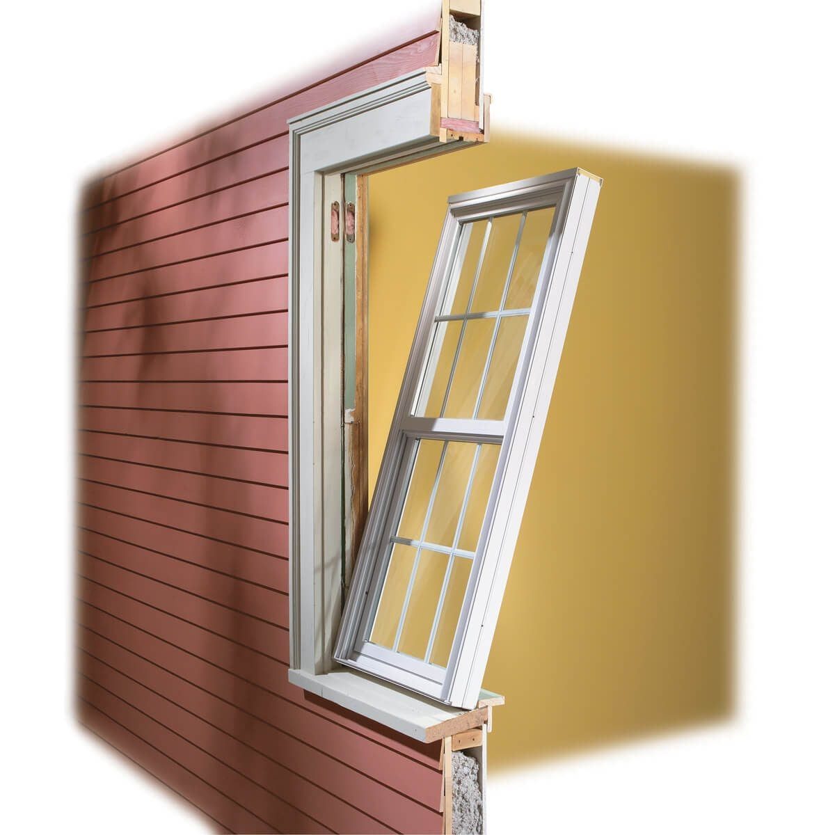 A window is partially opened against a wall. The exterior features pink siding, while the interior is a solid yellow. Framing is visible aro