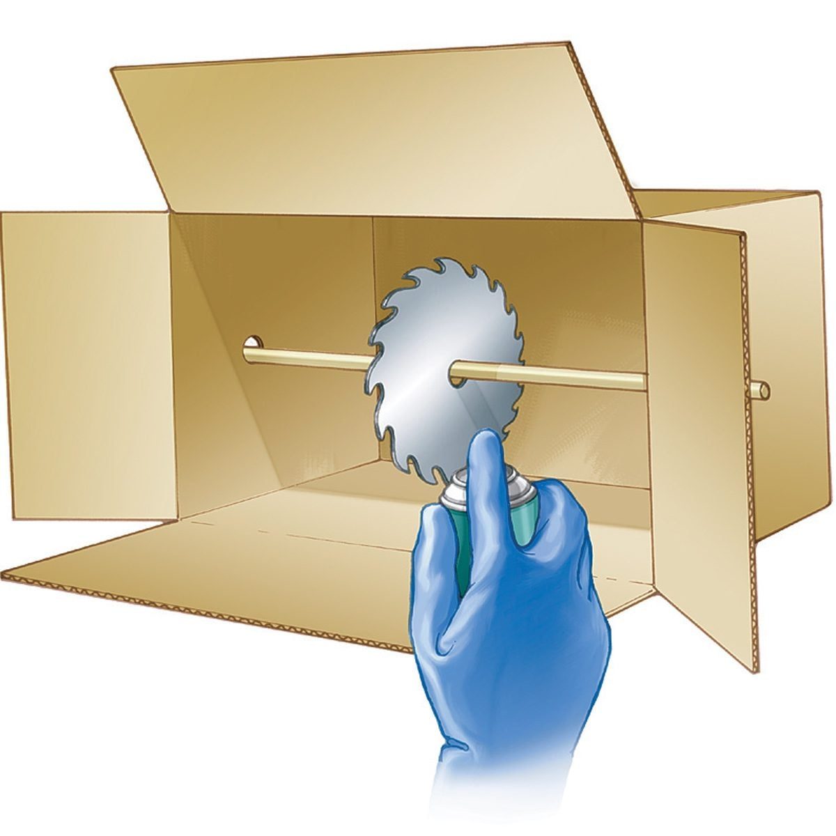 A gloved hand holds a spray can, aiming it towards a circular saw attached to a rod inside an open cardboard box.
