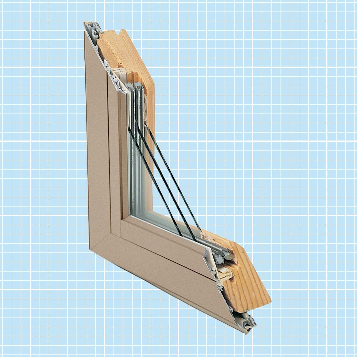A cross-section of a window frame displays layers of wood and glass, showcasing structural components against a light blue grid background.