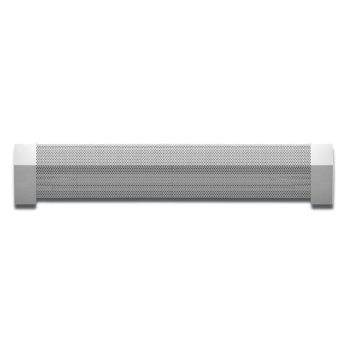 A long, cylindrical speaker is positioned horizontally, featuring a perforated grille. It is set against a plain white background.