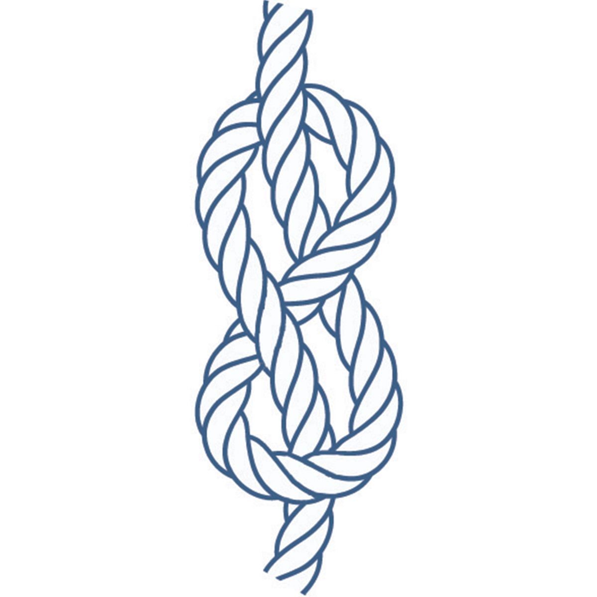 A twisted rope forms a complex knot, showcasing loops and intertwining strands against a plain background, emphasizing its texture and struc