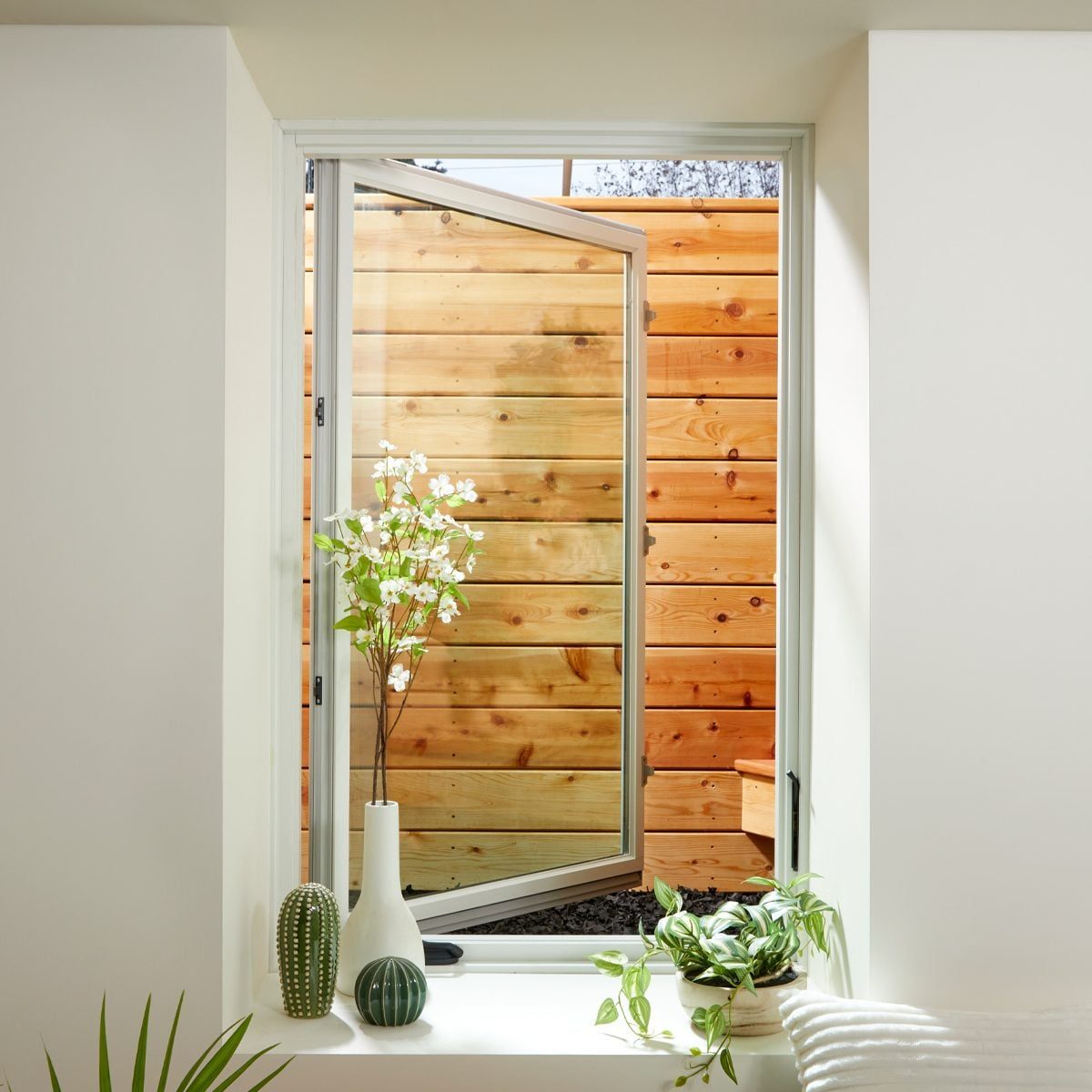 A potted flower stands on a windowsill as a door opens to a wooden fence, framed by light walls and greenery indoors.