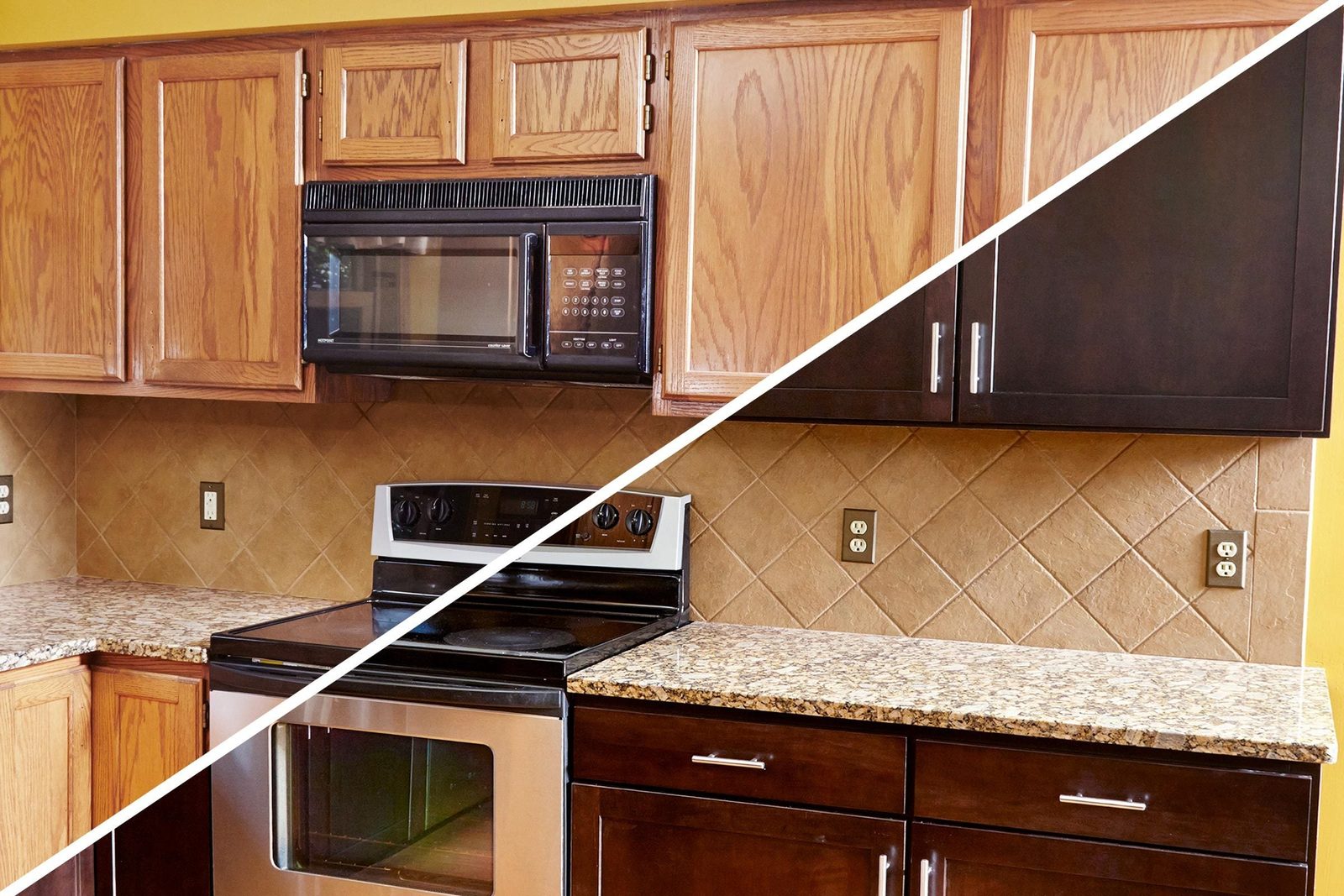 A kitchen displays two contrasting cabinet styles: light wood on the left and dark wood on the right, featuring stainless steel appliances a