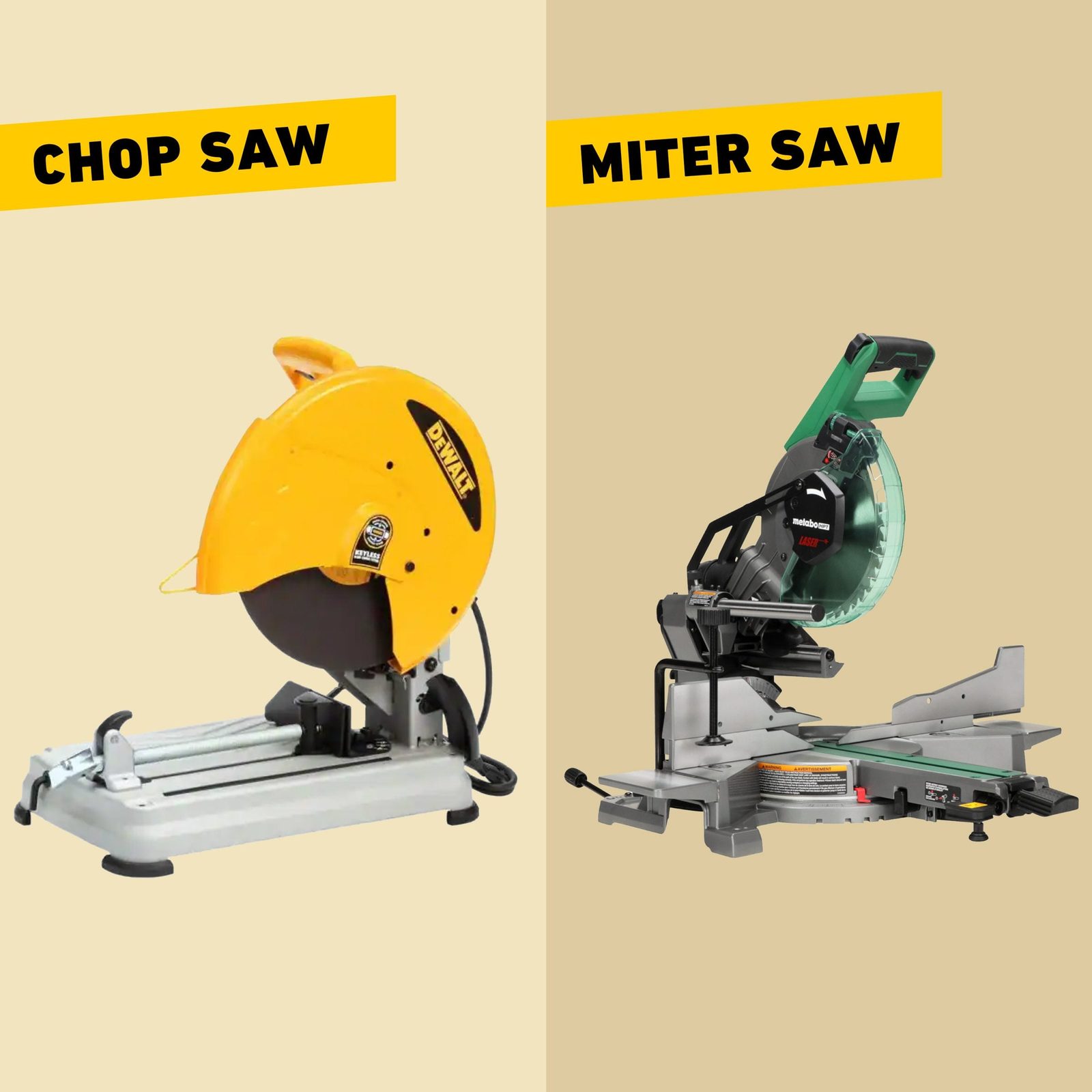A chop saw and a miter saw are displayed side by side against a light background, showcasing their different designs and functionalities.