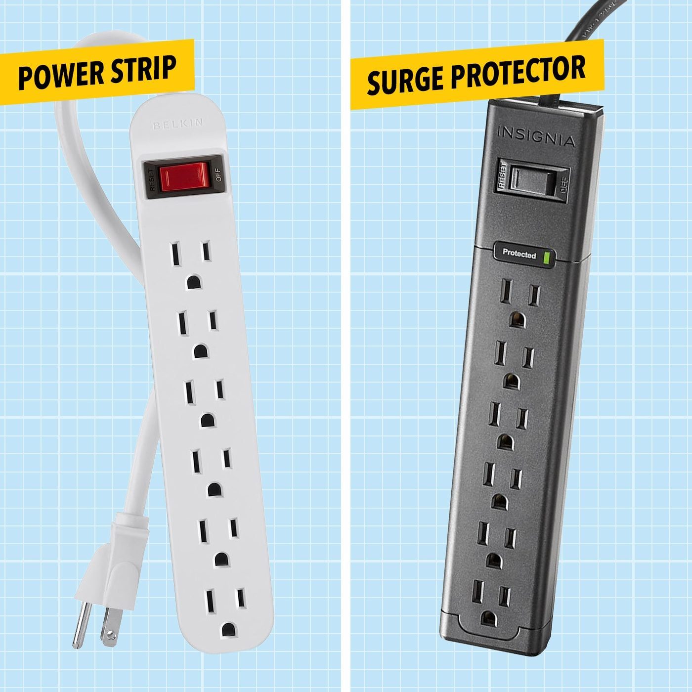 A white power strip with six outlets has a switch, while a black surge protector with six outlets has an indicator light, both against a lig
