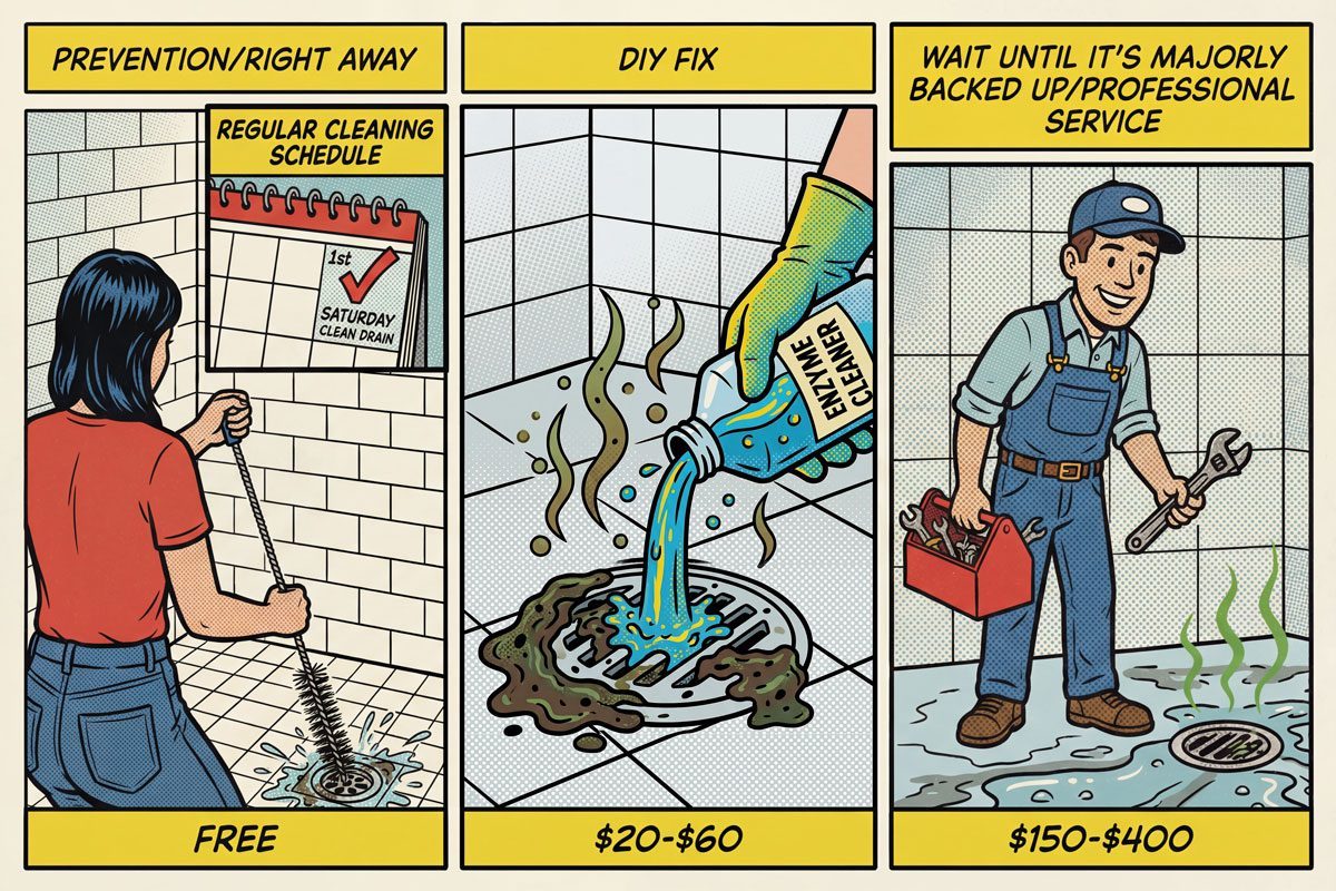 Domestic Disasters 2: Shower Drain Odor. Cost Timeline showing three comic book panels for prevention, diy, and professional service