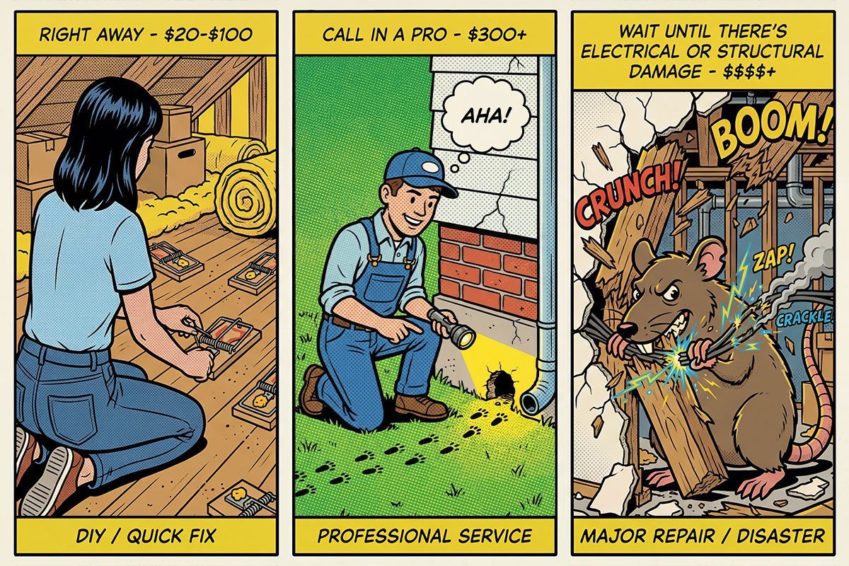 Domestic Disasters 3 Rat In The Attic Cost Differential showing three panels for DIY, Pro services, and disaster levels
