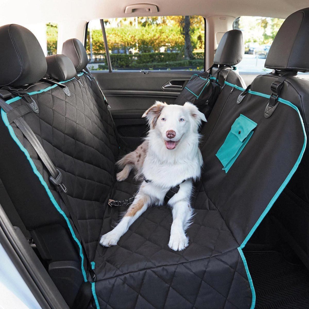 A dog sits comfortably on a black quilted seat cover in a car's backseat, with sunlight illuminating the surroundings.